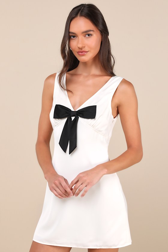 Motel Faradiba Ivory Satin Sleeveless Bow Mini Dress In Ivory