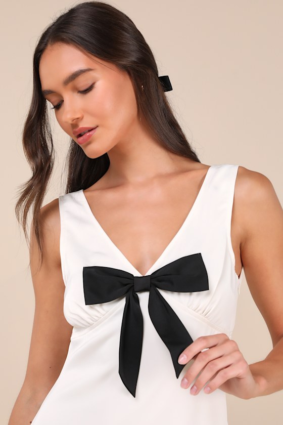 Faradiba Ivory Satin Sleeveless Bow Mini Dress 1