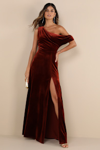 Coveted Confidence Rust Orange Velvet Asymmetrical Maxi Dress 2