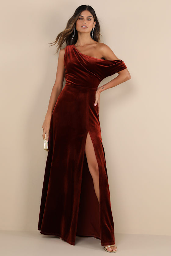 Coveted Confidence Rust Orange Velvet Asymmetrical Maxi Dress 2