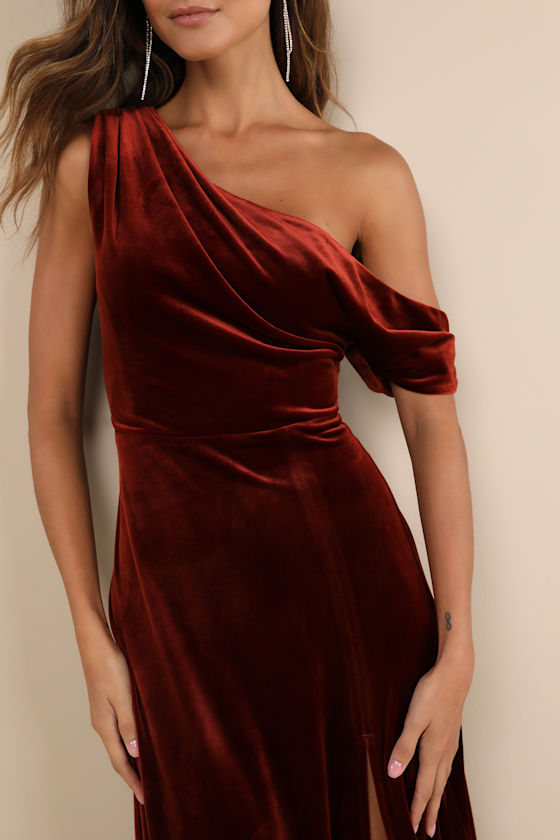 Lulus Coveted Confidence Rust Orange Velvet Asymmetrical Maxi Dress In Rust Orange