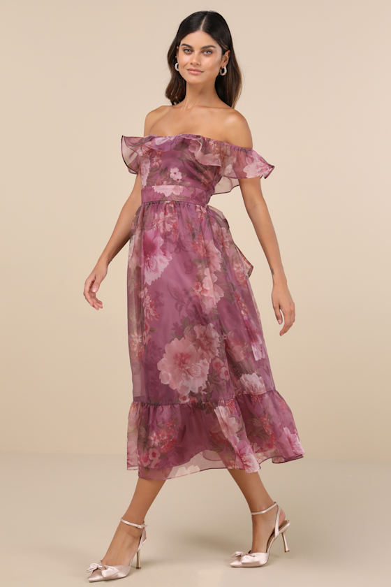 Lulus Sweet Composure Plum Floral Organza Off-the-shoulder Midi Dress In Purple