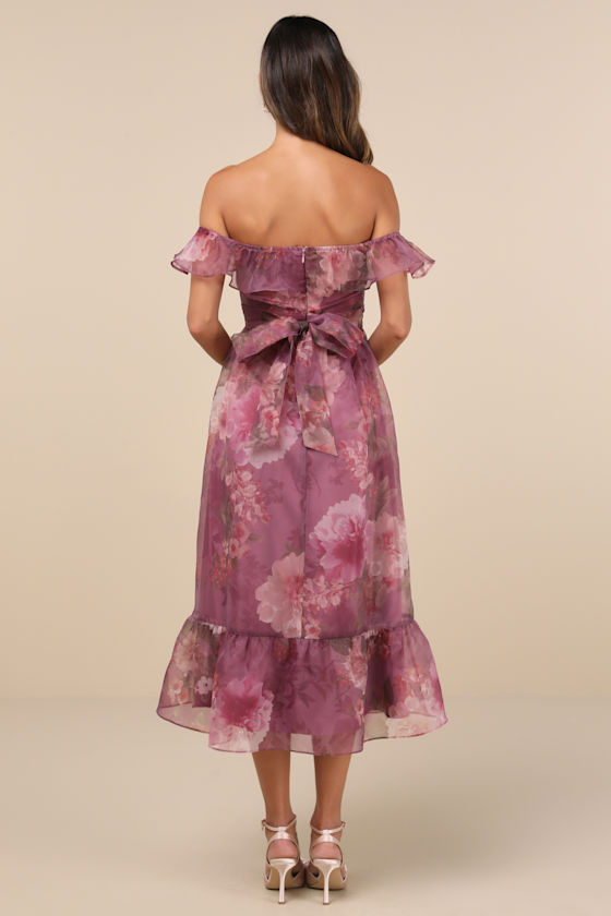 Lulus Sweet Composure Plum Floral Organza Off-the-shoulder Midi Dress In Purple