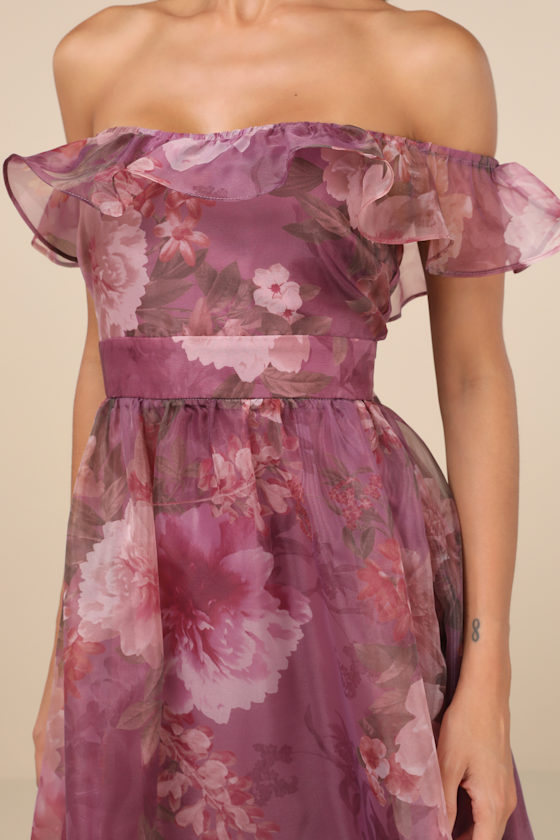 Lulus Sweet Composure Plum Floral Organza Off-the-shoulder Midi Dress In Purple