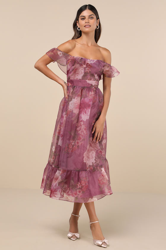 Lulus Sweet Composure Plum Floral Organza Off-the-shoulder Midi Dress In Purple