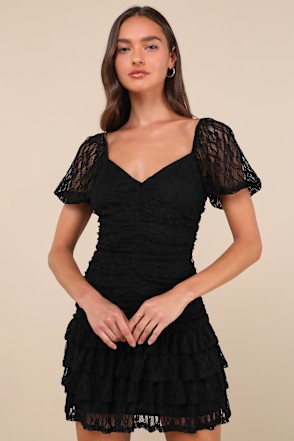 black lace puffball mini dress Nocturna Jacquard Scoop Neck Puffball Mini Dress  Disturbia