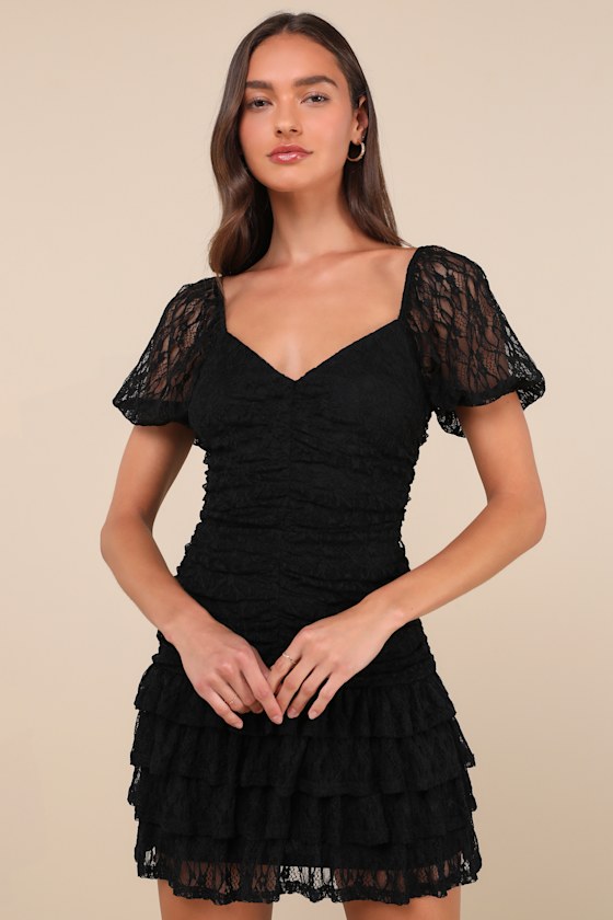 Darling Persuasion Black Lace Puff Sleeve Tiered Mini Dress 4
