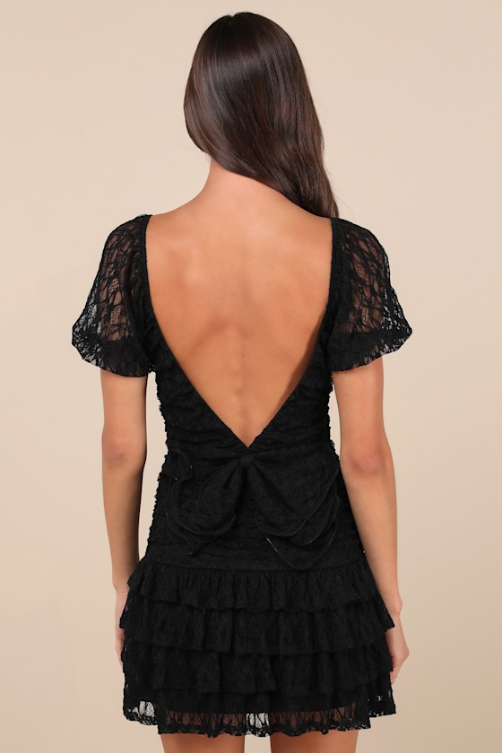 Darling Persuasion Black Lace Puff Sleeve Tiered Mini Dress 2