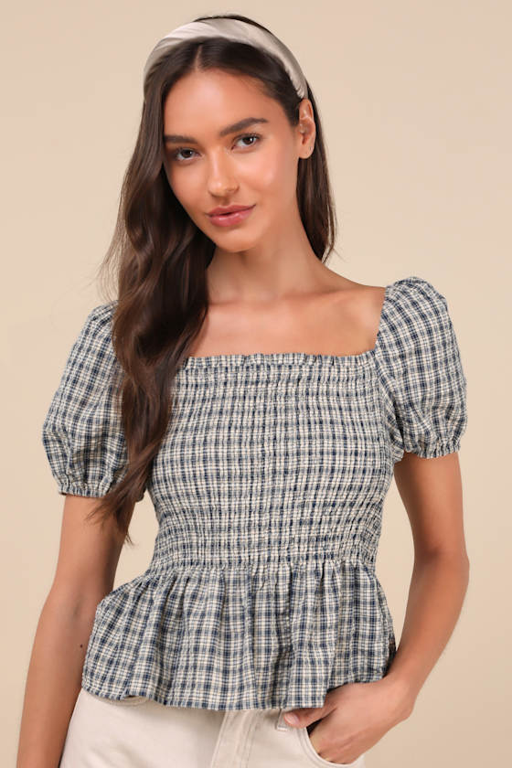 LULUS CHARMING SENSE CREAM AND NAVY GINGHAM SMOCKED PEPLUM TOP
