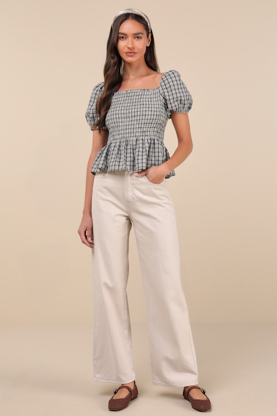 LULUS CHARMING SENSE CREAM AND NAVY GINGHAM SMOCKED PEPLUM TOP