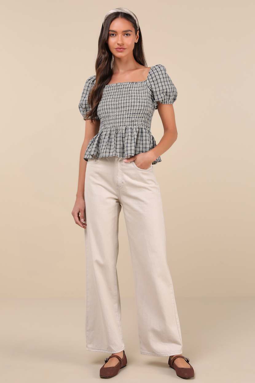 Charming Sense Cream and Navy Gingham Smocked Peplum Top