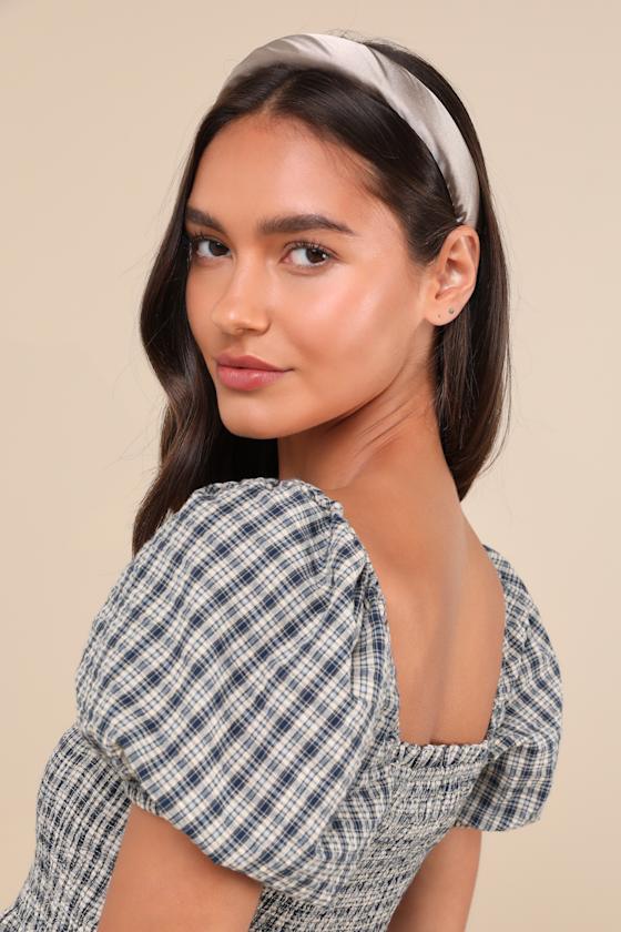 LULUS CHARMING SENSE CREAM AND NAVY GINGHAM SMOCKED PEPLUM TOP