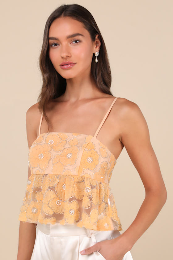 Lulus Ideal Attitude Yellow Applique Beaded Floral Cropped Tank Top In Yellow