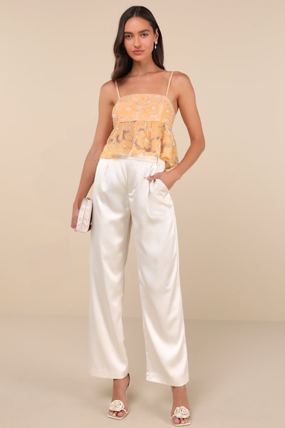 Lulus Ideal Attitude Yellow Applique Beaded Floral Cropped Tank Top In Yellow