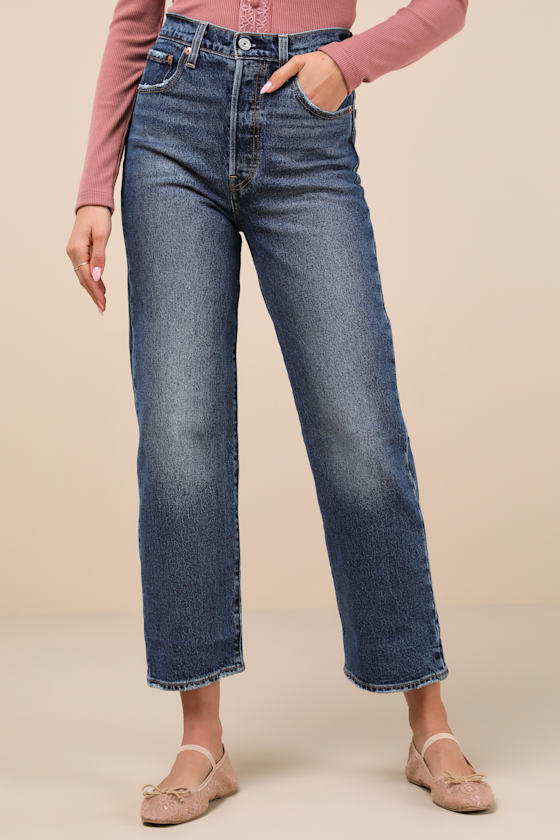LEVI'S RIBCAGE DARK WASH STRAIGHT ANKLE DENIM JEANS