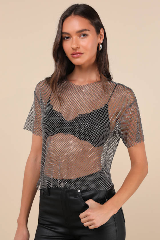Glittery Demeanor Dark Grey Sheer Fishnet Rhinestone Top 1