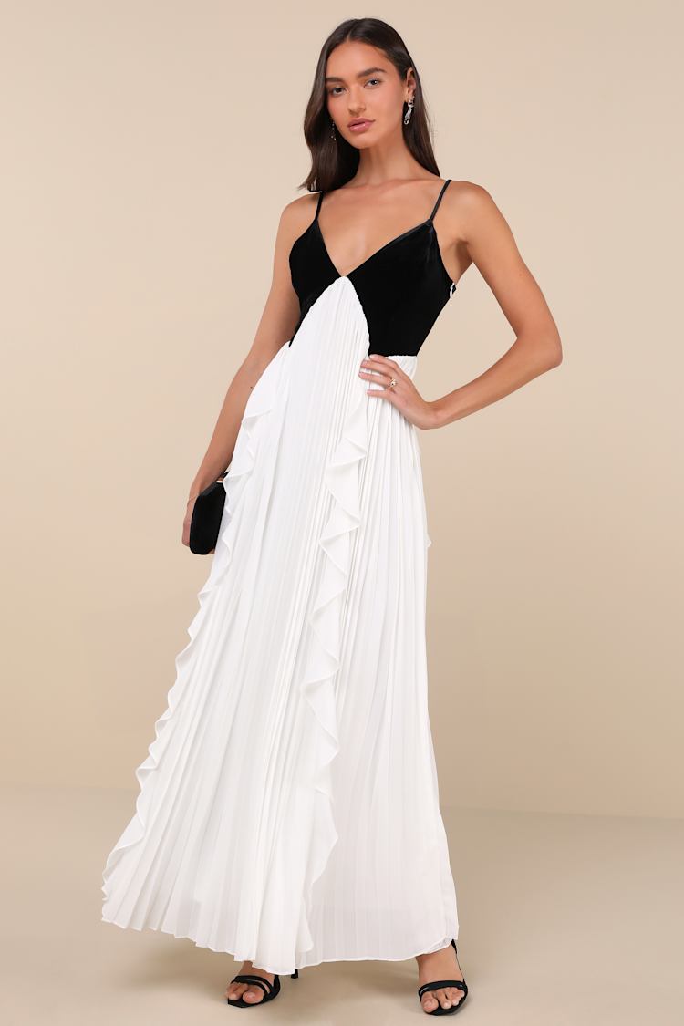 Black & White Pleated Dress - Backless Maxi Dress - Velvet Dress  