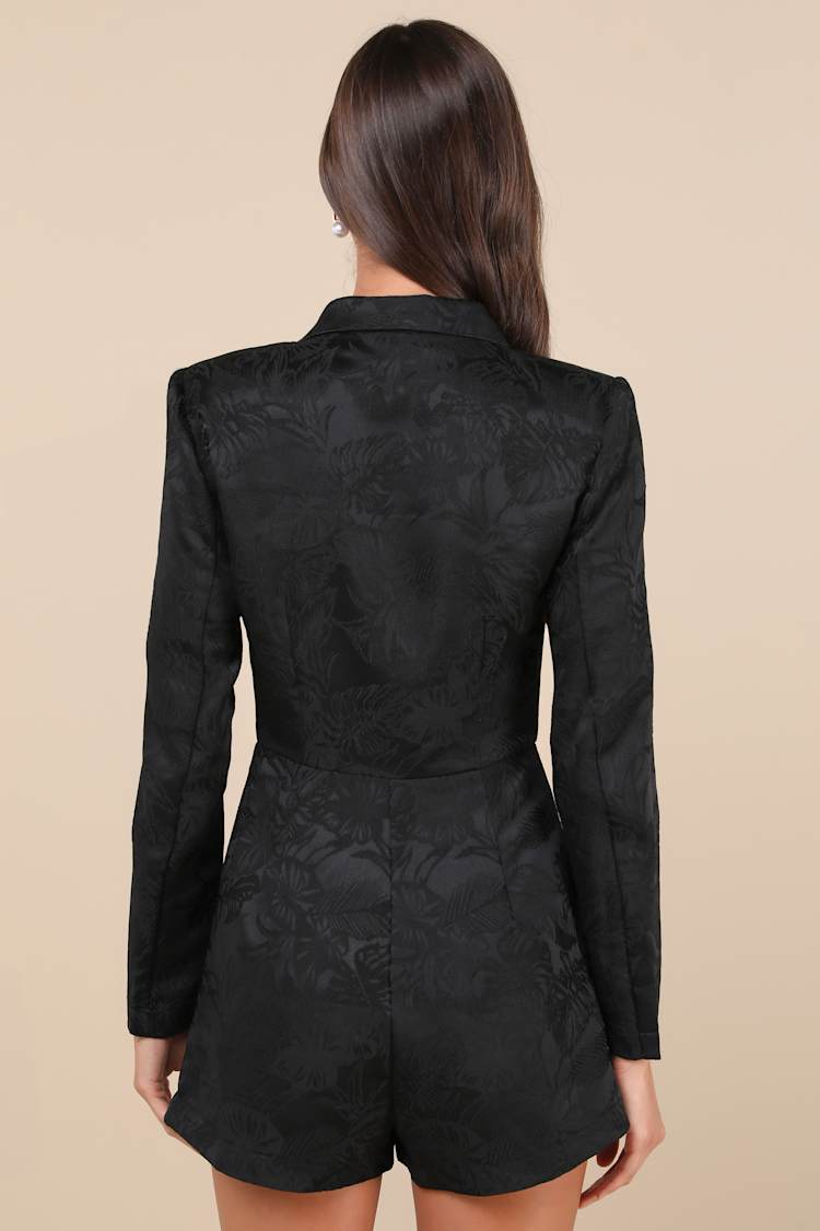 Confident Sophistication Black Jacquard Collared Blazer Romper