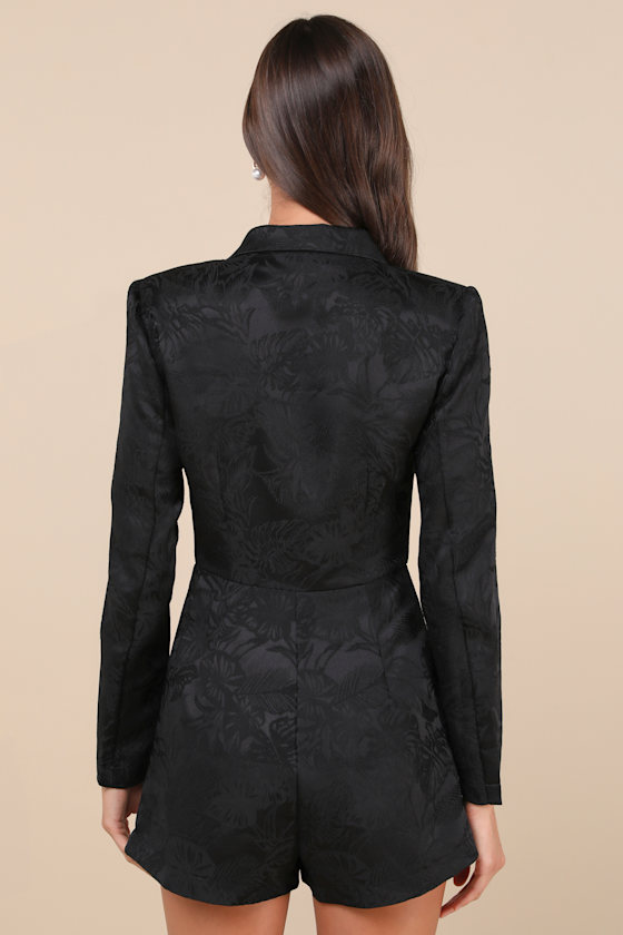 Confident Sophistication Black Jacquard Collared Blazer Romper