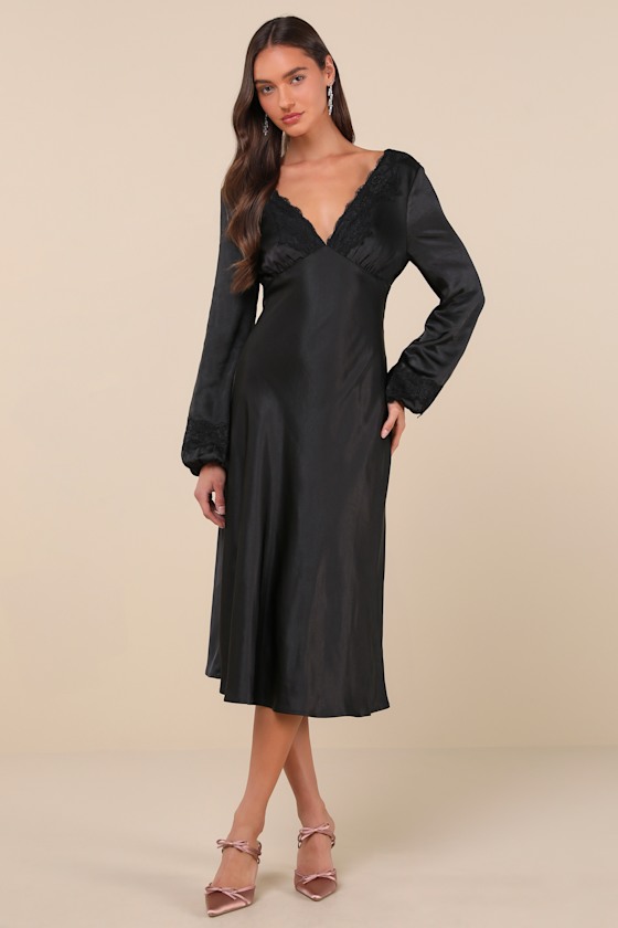 Lulus Illustrious Elegance Black Satin Long Sleeve Midi Dress In Black