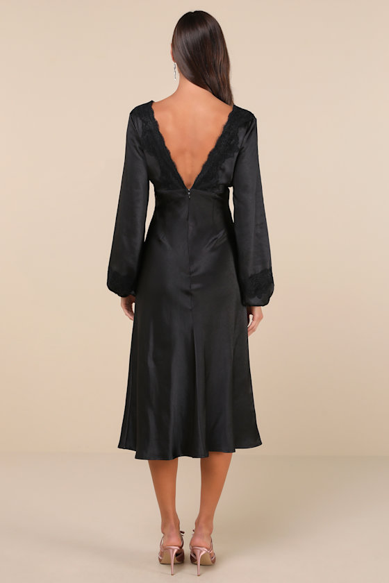 Lulus Illustrious Elegance Black Satin Long Sleeve Midi Dress In Black