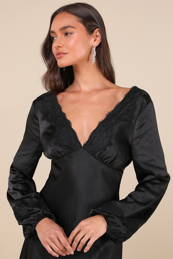 Lulus Illustrious Elegance Black Satin Long Sleeve Midi Dress In Black