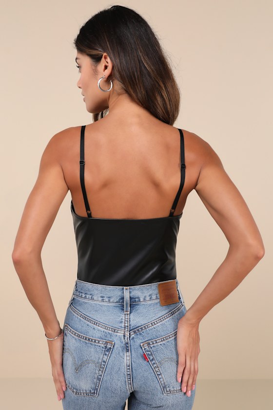 Sleek Vibes Black Vegan Leather V-Neck Sleeveless Bodysuit 4