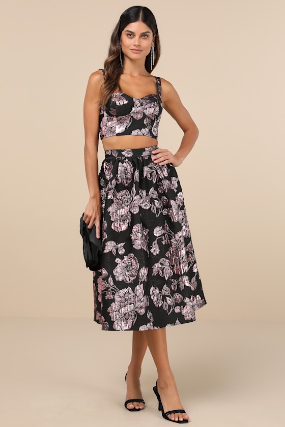 Flirtatious Cues Black and Metallic Pink Jacquard Midi Skirt 5