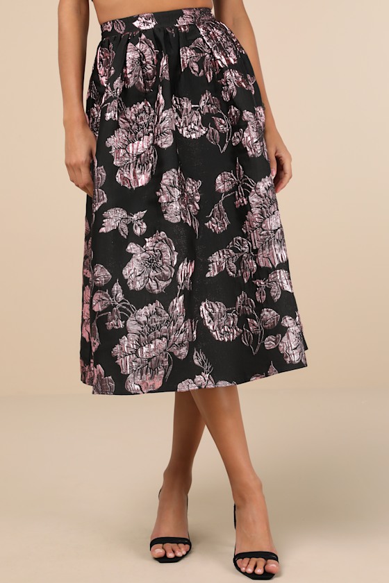 Flirtatious Cues Black and Metallic Pink Jacquard Midi Skirt 4