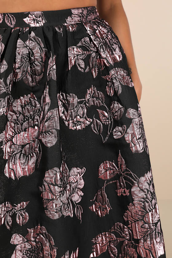 Lulus Flirtatious Cues Black And Metallic Pink Jacquard Midi Skirt In Black
