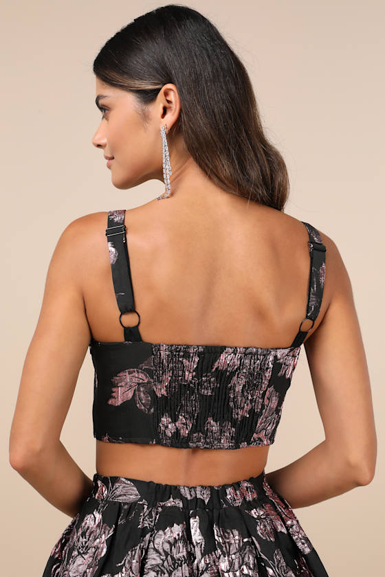 Flirtatious Cues Black and Metallic Pink Jacquard Bustier Top 2