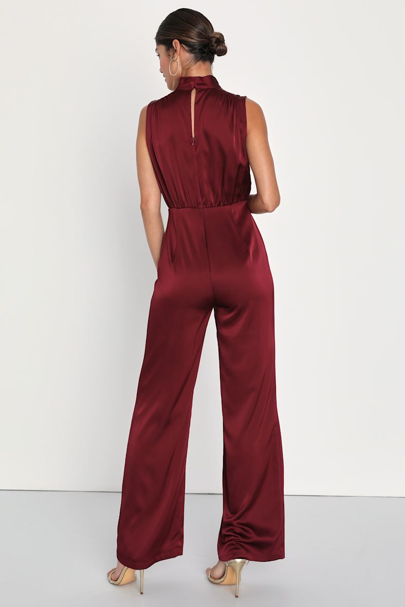 Classic Elegance Wine Red Satin Sleeveless Mock Neck Jumpsuit