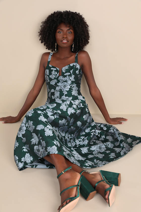 Major Flirtation Emerald Floral Jacquard Drop Waist Midi Dress 4