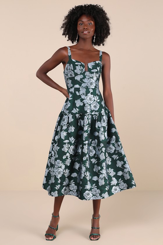 Lulus Major Flirtation Emerald Floral Jacquard Drop Waist Midi Dress In Green