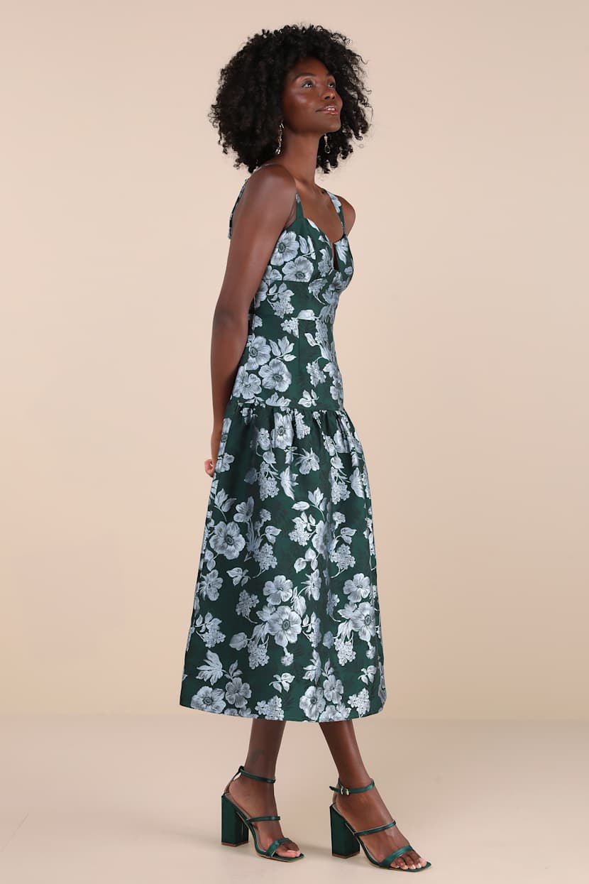 Emerald Floral Dress - Jacquard Drop Waist Dress - Midi Dress - Lulus