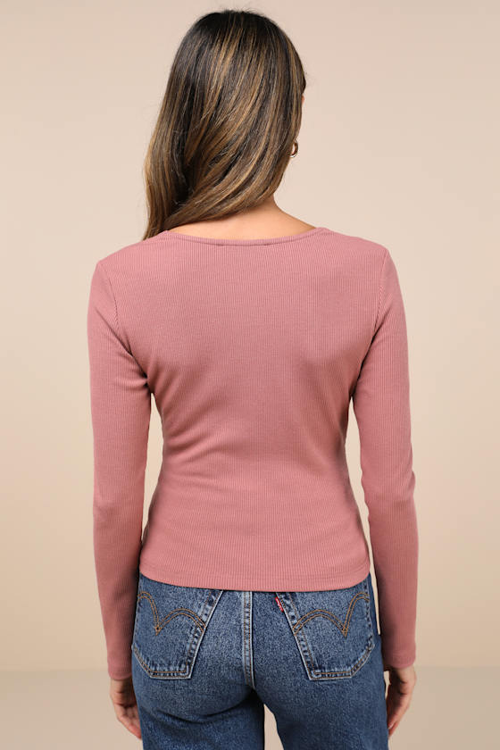 Perfectly Cherished Mauve Knit Lace Long Sleeve Button-Front Top 1