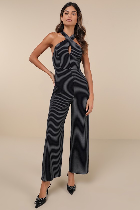 Lulus Iconic Situation Navy Pinstriped Backless Halter Jumpsuit