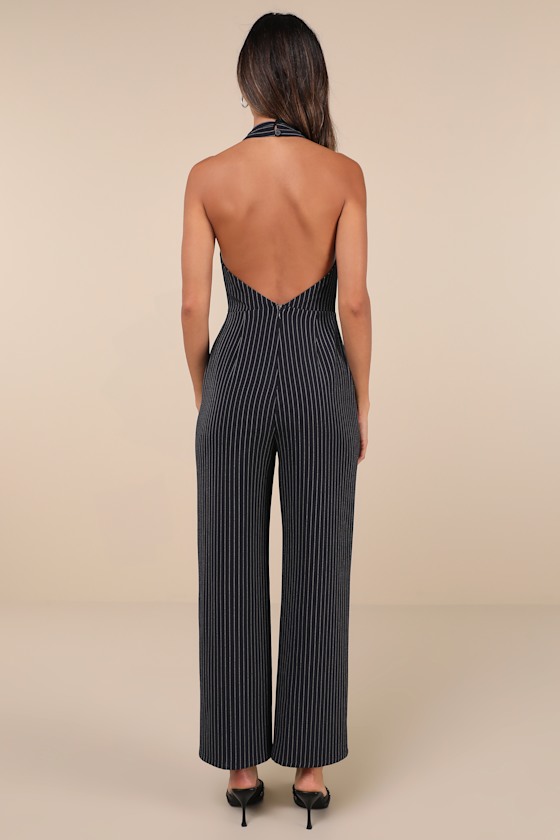 Lulus Iconic Situation Navy Pinstriped Backless Halter Jumpsuit In Navy