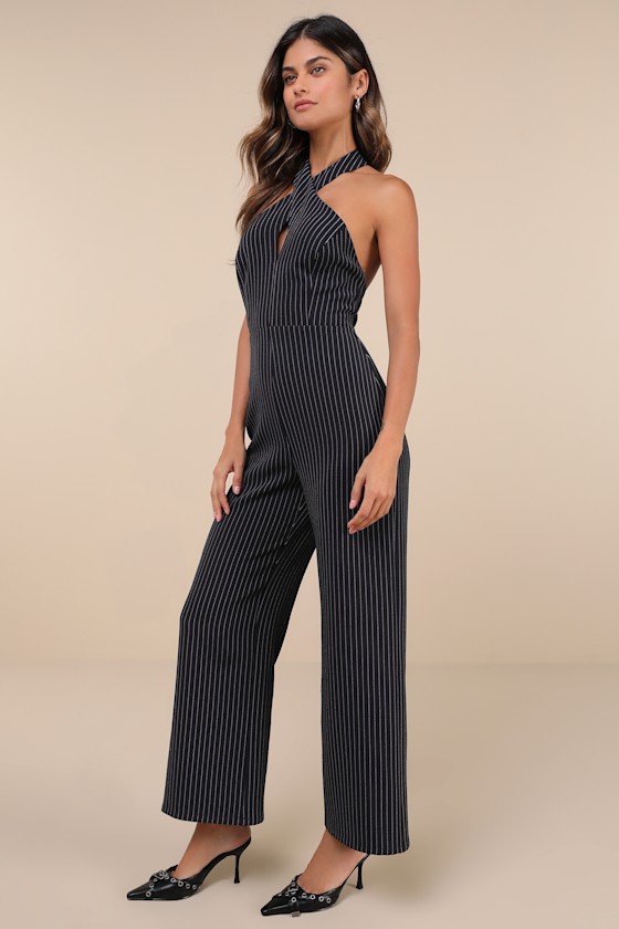 Lulus Iconic Situation Navy Pinstriped Backless Halter Jumpsuit In Navy