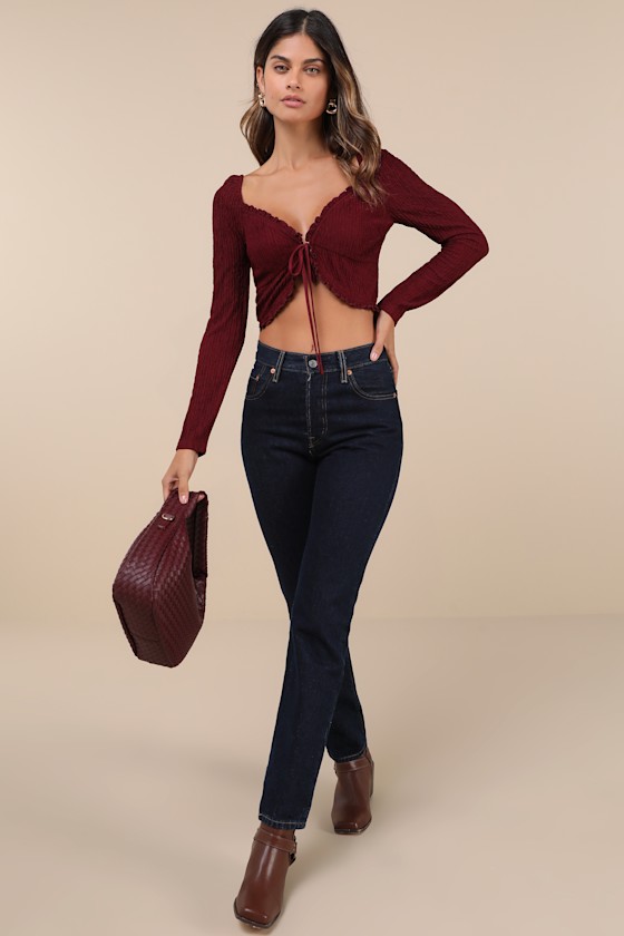 Lulus Sweetest Composure Burgundy Textured Tie-front Crop Top In Burgundy
