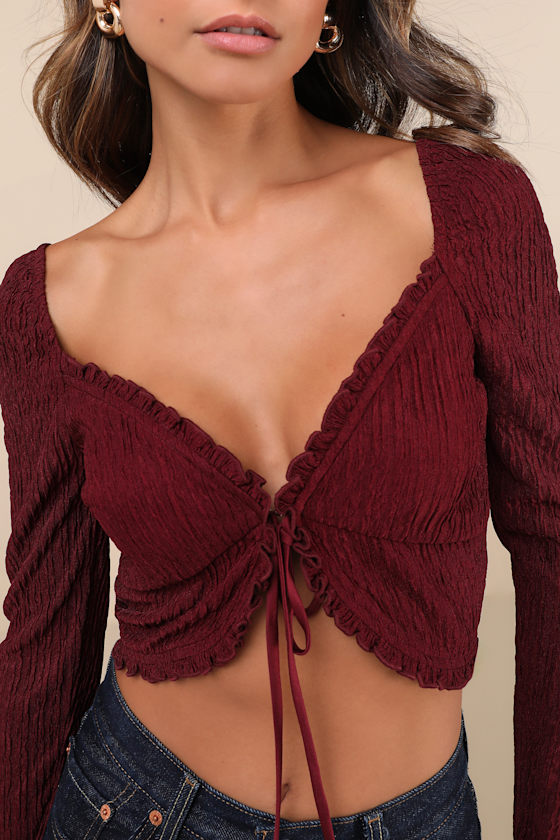 Lulus Sweetest Composure Burgundy Textured Tie-front Crop Top In Burgundy