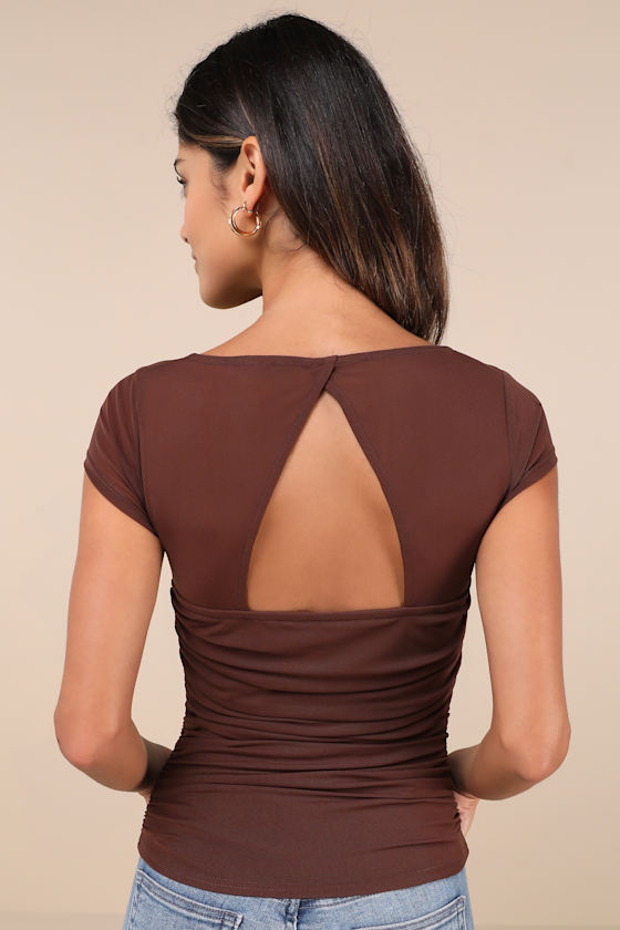Lulus Exceptional Flirtation Brown Mesh Ruched Cutout Short Sleeve Top In Brown