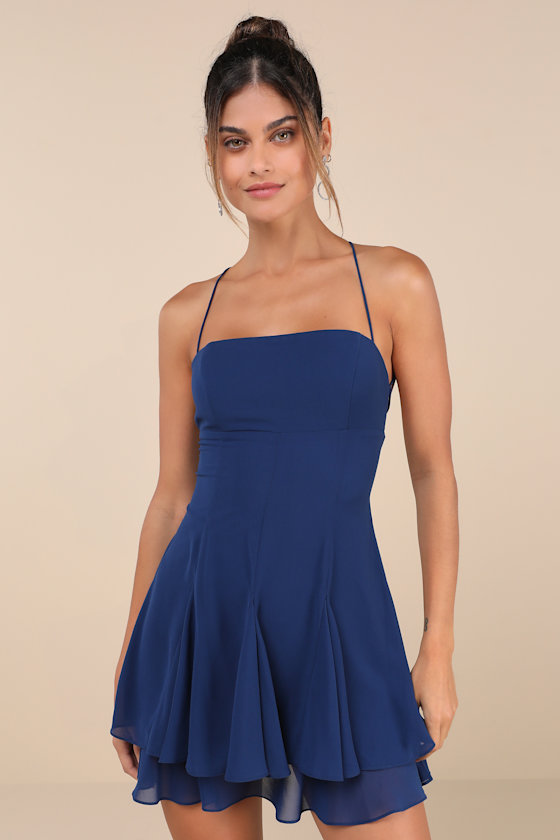LULUS PERFECTED SWEETNESS DARK BLUE PLEATED TIERED MINI DRESS