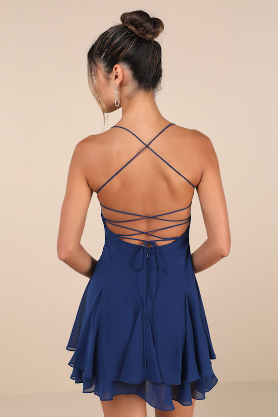 LULUS PERFECTED SWEETNESS DARK BLUE PLEATED TIERED MINI DRESS