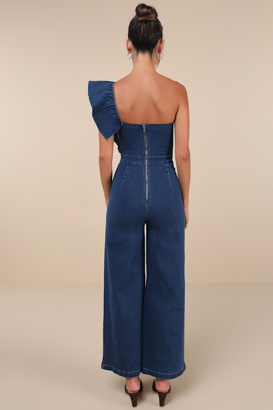 Lulus Fabulous Effect Blue Chambray One-shoulder Wide-leg Jumpsuit In Blue