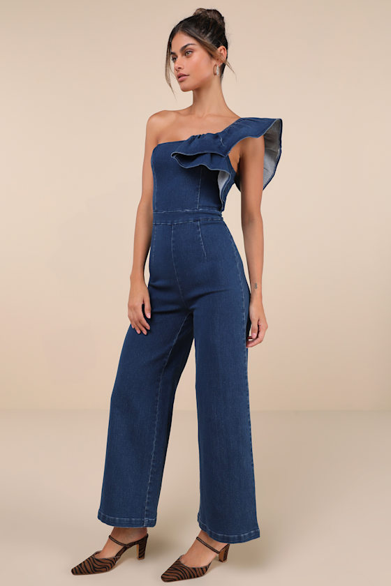 Lulus Fabulous Effect Blue Chambray One-shoulder Wide-leg Jumpsuit In Blue
