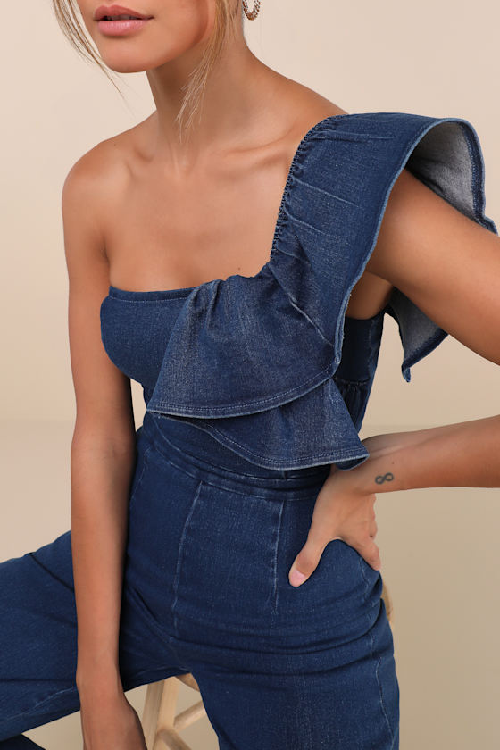 Lulus Fabulous Effect Blue Chambray One-shoulder Wide-leg Jumpsuit In Blue
