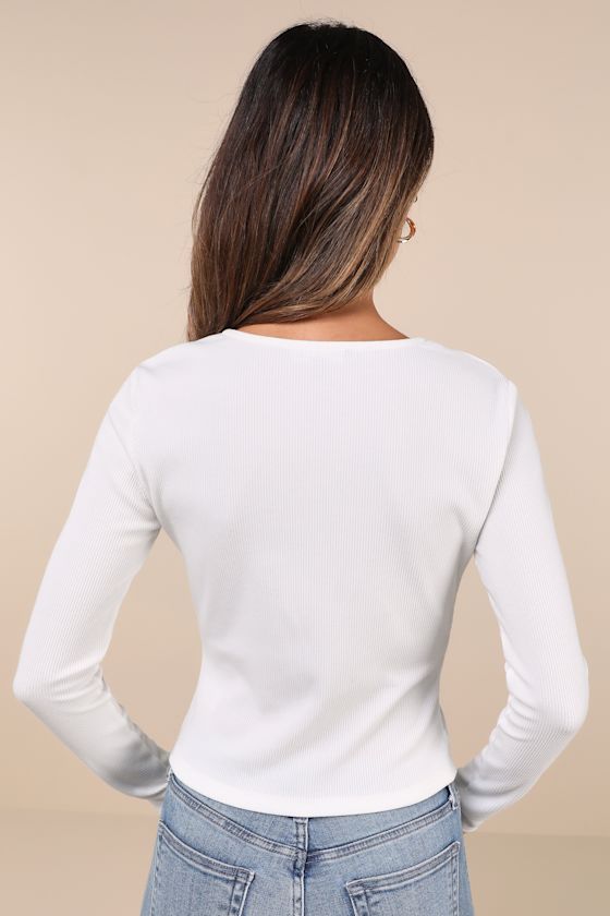 LULUS PERFECTLY CHERISHED WHITE KNIT LACE LONG SLEEVE BUTTON-FRONT TOP