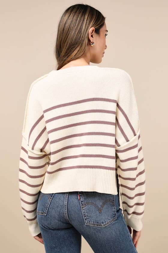 LULUS COMFORTABLE CUTENESS CREAM AND MAUVE STRIPED CROPPED SWEATER