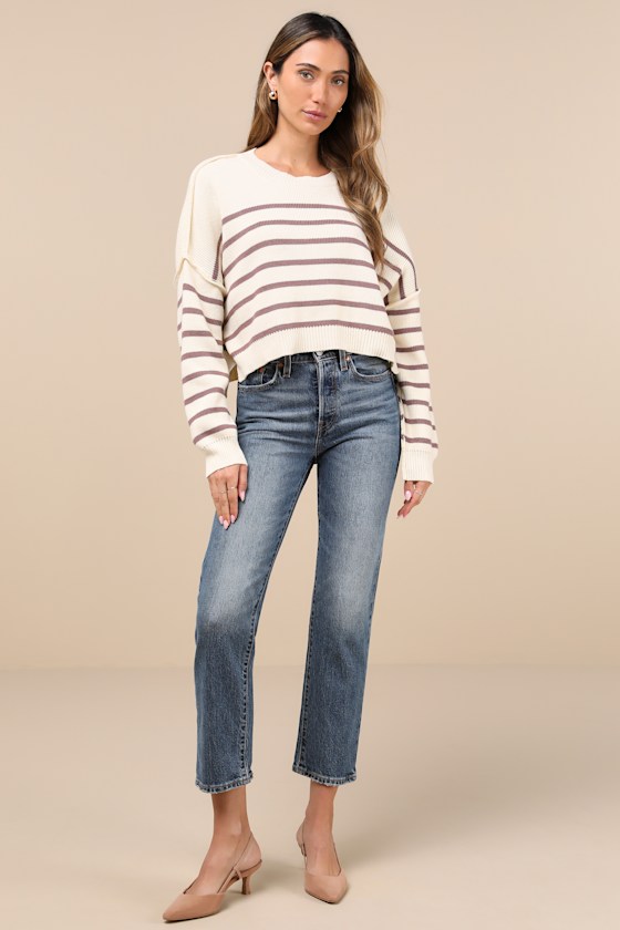 LULUS COMFORTABLE CUTENESS CREAM AND MAUVE STRIPED CROPPED SWEATER